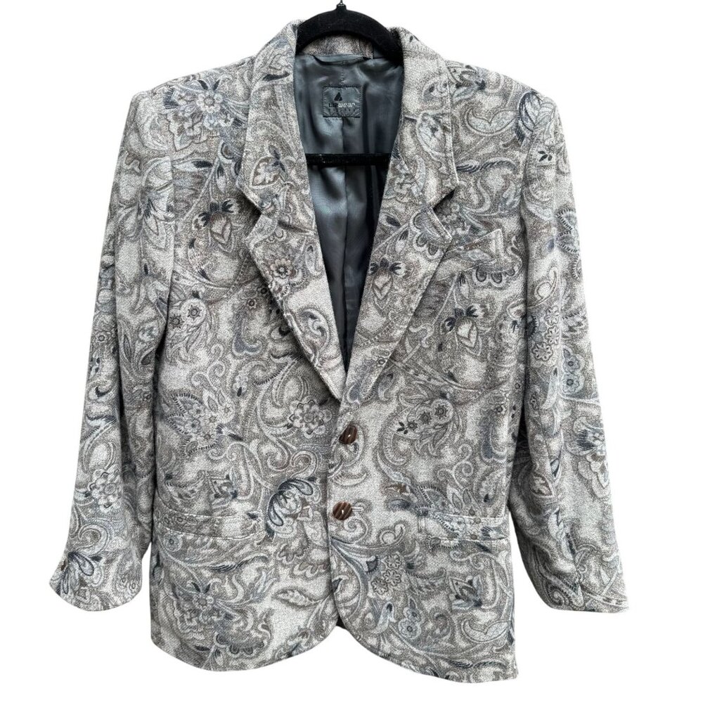 Liz Wear Vintage Womens Paisley Wool Blend Gray Blue Preppy Blazer Jacket‎ 2P